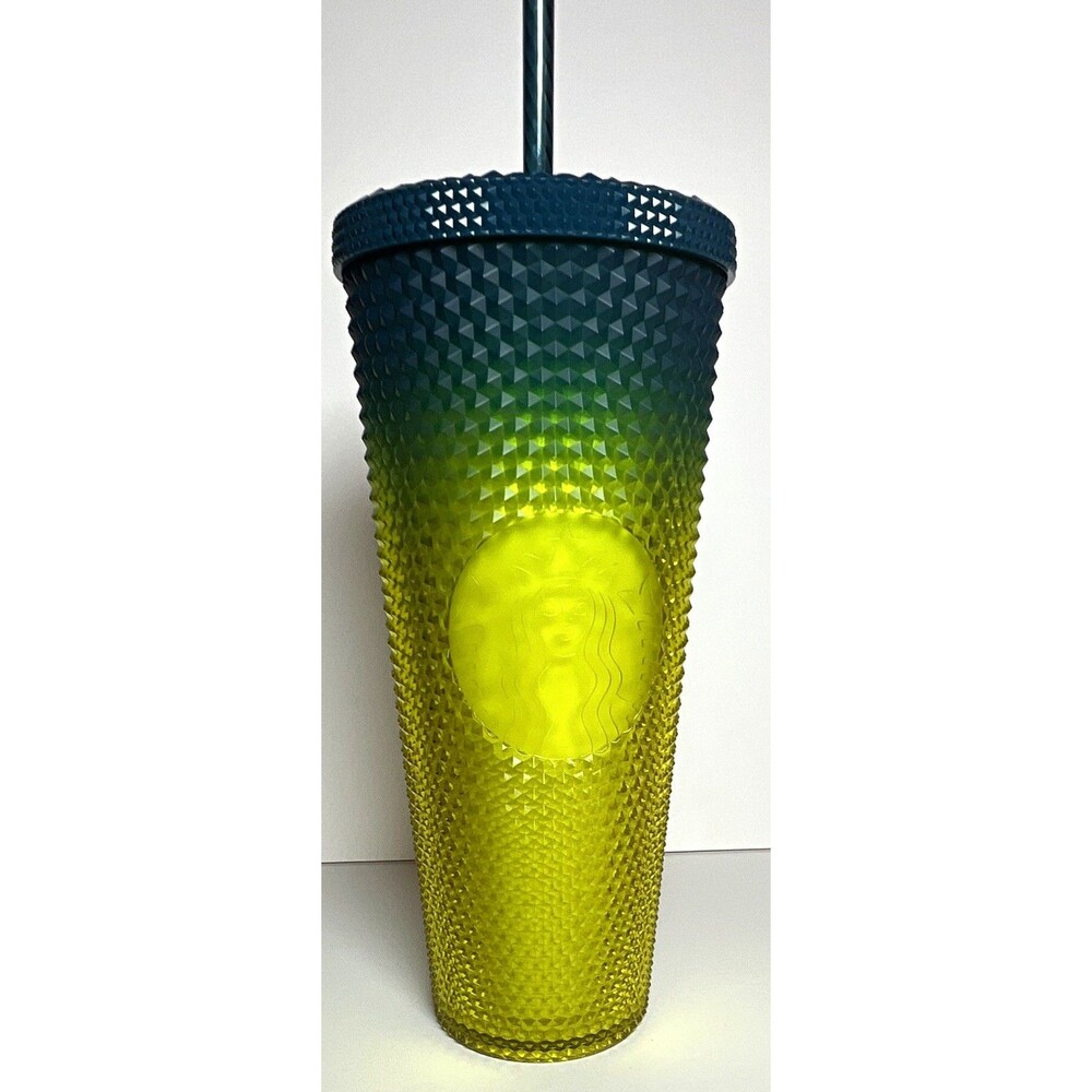 Starbucks Studded Ombre Blue Yellow Cold Cup Tumbler 24 oz w/ Lid & Straw